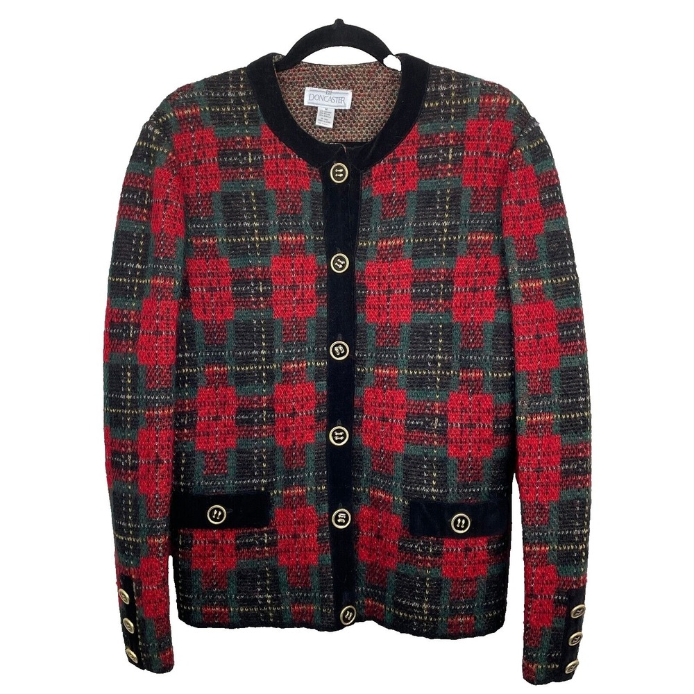 Doncaster Cardigan Sweater Womens Medium Mohair Blend Plaid Red‎ Green Holiday